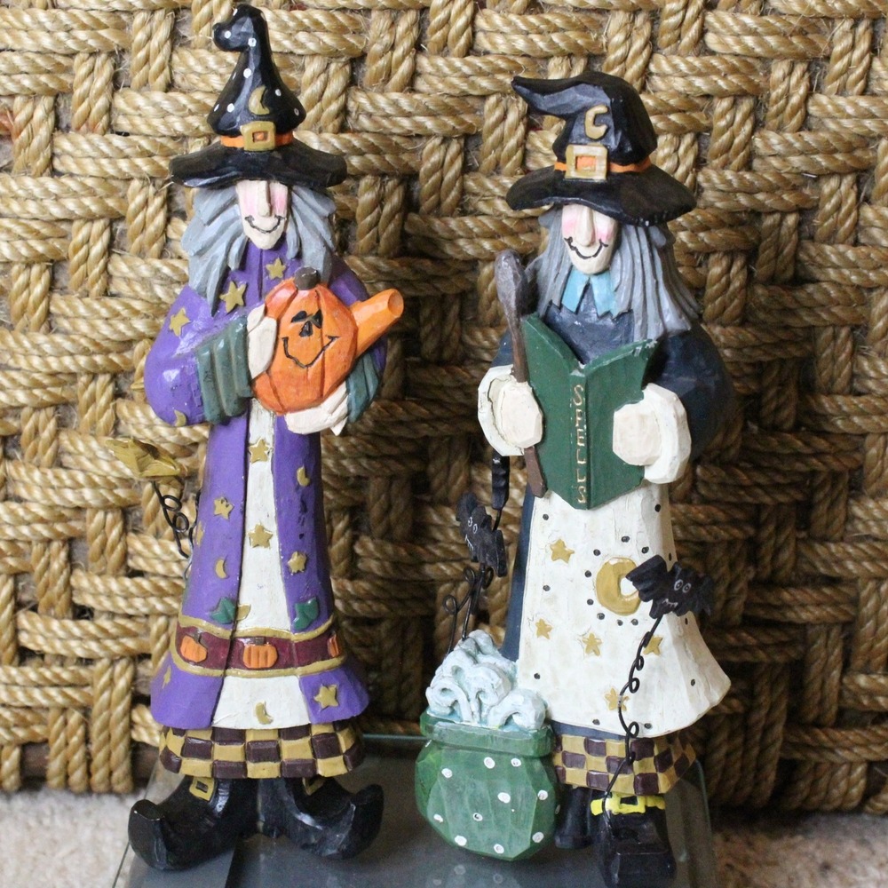 Vintage Style Halloween Witch Figurine Set 9.5" Purple Green Whimsigoth Folk Art